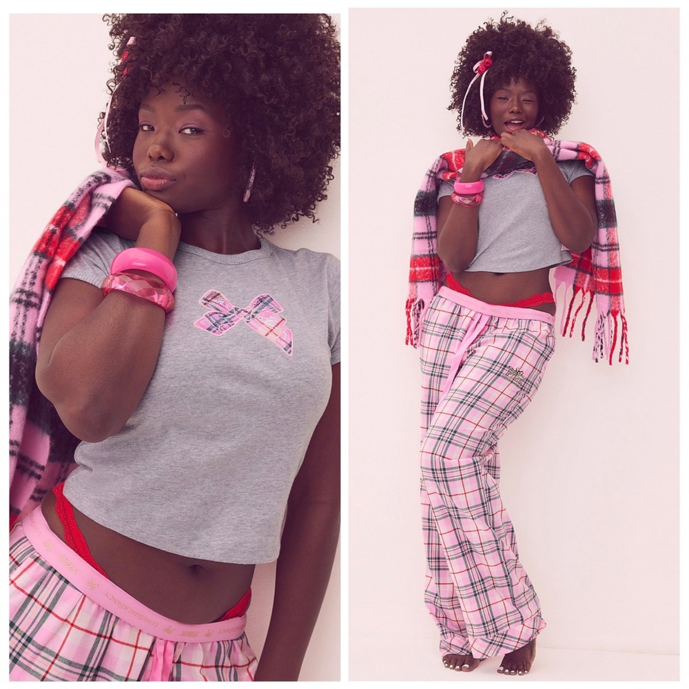 PINKxLoveShackFancy Gray Tee with sequin bow 🎀 and Pink Plaid Pajama Pants